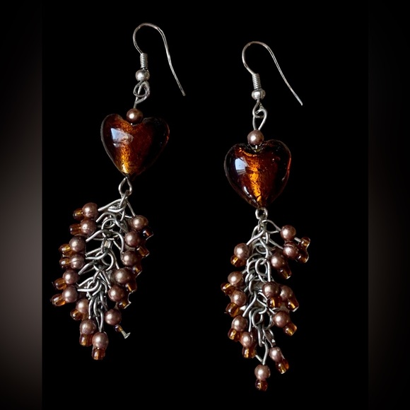 Amber Glass Heart & Glass Bead Cluster Dangle Pierced Earring Woman’s Jewelry - Picture 4 of 11